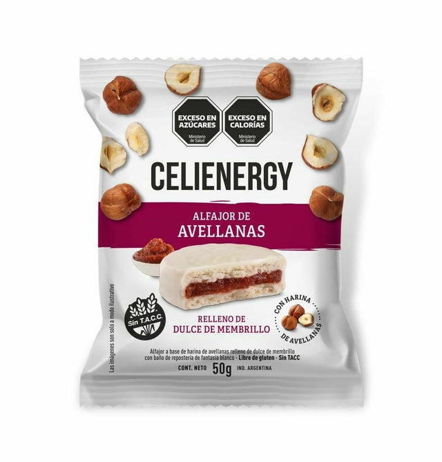 ALFAJOR DE AVELLANA BLANCO RELLENO CON MEMBRILLO x 50 gr - CELIENERGY